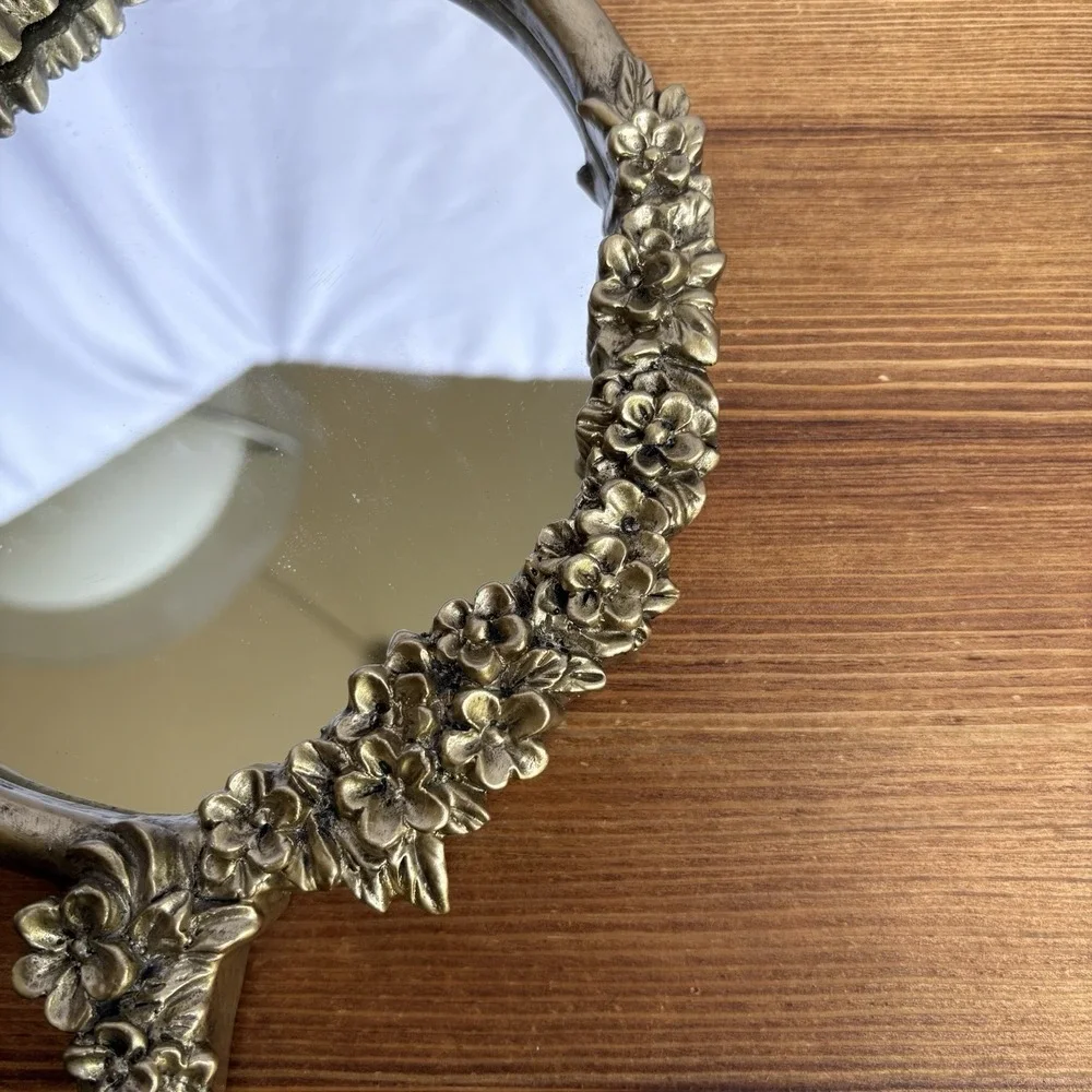 Vintage Ornate Floral Hand Mirror Silver Tone Cast Resin Vanity Mirror 12.5 Inch
